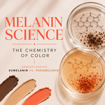 Melanin science infographic showing eumelanin vs pheomelanin chemistry for redheads